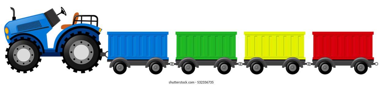 Blue tractor with four wagon carts illustration