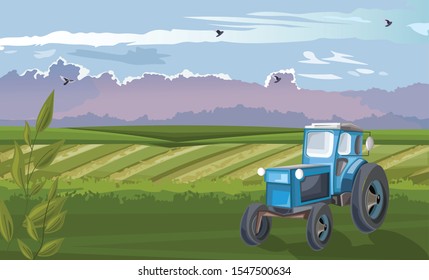 Blue tractor in the green field at daylight. Cloudy sky and birds flying. Agricultural vector