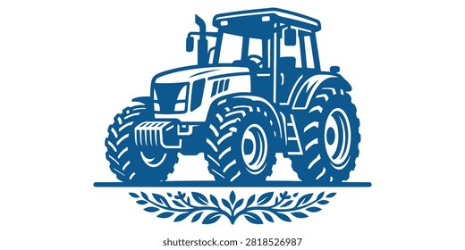 Blue tractor with large wheels in a farming setting