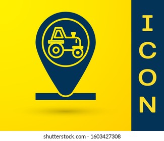 Blue Tractor and location icon isolated on yellow background.  Vector Illustration