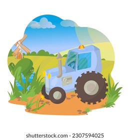 Un tractor azul sobre el fondo de la naturaleza. Equipamiento agrícola. Aldea. Granja. Ilustración vectorial en un fondo blanco.