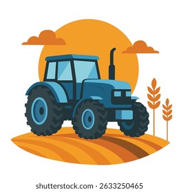 Trator azul em uma fazenda laranja com trigo e pôr do sol em segundo plano. Ilustração de vetor de desenho animado plano. Conceito de agricultura e maquinaria rural. Design para banner, cartaz, cartão postal, cartão postal