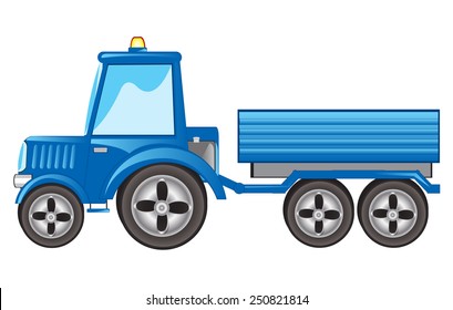Blue tractor with pushcart on white background is insulated