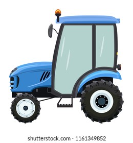 Blue tractor a side view on white background