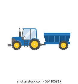 blue tractor with tank for transportation grain icon isolated on white background,flat design vector illustration