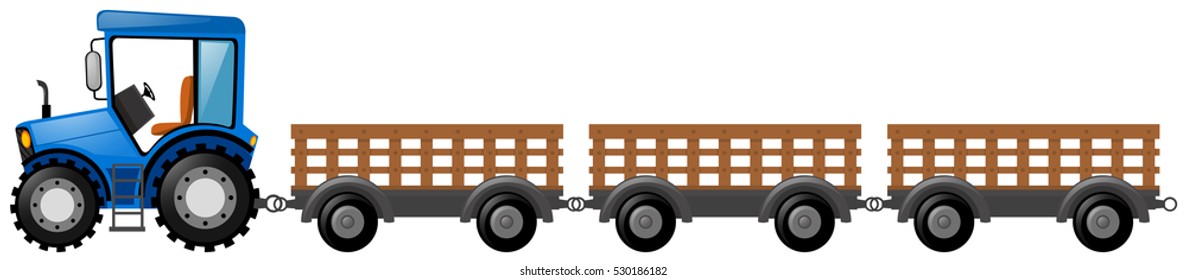 Tractor azul con ilustración de tres vagones