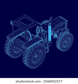 Blue tractor with a blue top and a blue bottom is shown in a blue background. The tractor is a modern design, with a sleek and streamlined appearance.