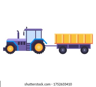 Blue tractor with trailer on an isolated white background. Farm machinery in flat design. Vector stock illustration.