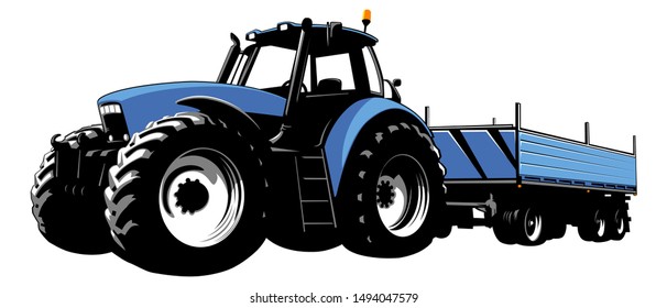 Blue tractor with trailer for transportation of goods. Agricultural machine. Tractor on a white background. Stock Vector illustration.