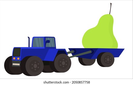 A blue tractor transporting a big pear on a cart. Vector illustration.