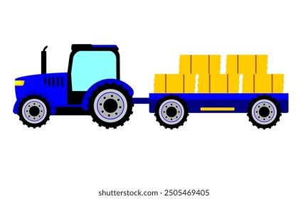 Blue Tractor Vektorgrafik Schleppen Stroh Cartoon Stil für Bildung oder viele Zwecke. Landwirtschaftliche Transportfahrzeug Traktor druckbar