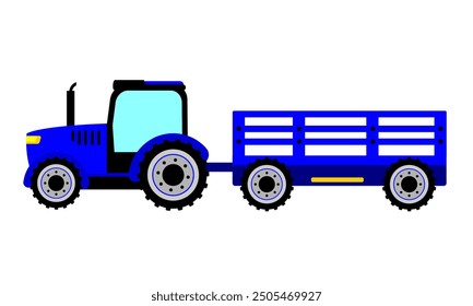 Blue Tractor vector illustration towing empty wooden wagon cartoon style for education or many purpose. Farm Transportation Vehicle Tractor Printable