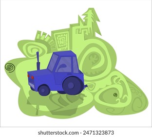 Ein blauer Traktor, der auf einem Bauernhof arbeitet; romantischer Vintage-Hintergrund. Diese Cartoon-Illustration kann als Logo für Landwirtschaft und Automobilindustrie, Produktion, Produktion verwendet werden. Vektorgrafik, isoliert.