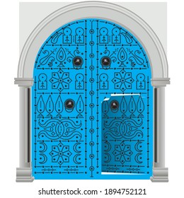 blue traditional door from north africa with lines