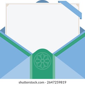 Blue Traditional Envelope with Insert Card and Floral Emblem Flat Vector Illustration for Elegant Invitation