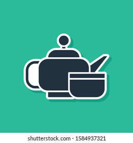 Blue Traditional Japanese tea ceremony icon isolated on green background. Teapot with cup.  Vector Illustration