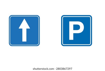 Blue traffic signs set one way straight arrow and parking square
