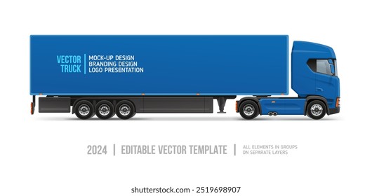 Camión de Avance azul Vista lateral maqueta en blanco. Camión de carga con espacio para texto o su diseño de marca - Plantilla de Vector editable. Remolque de camión semi azul para Anuncio AD Horizontal y marca de vehículos