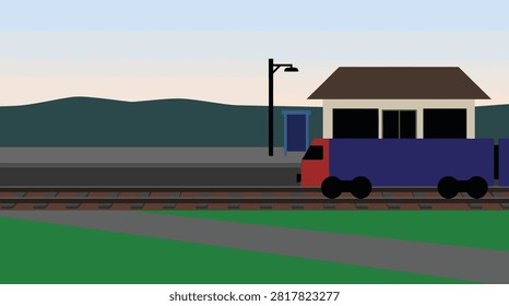 Blue train engine at a rural railway station with locomotive railroad platform