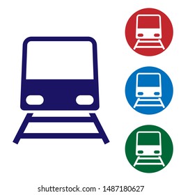 Blue Train icon isolated on white background. Public transportation symbol. Subway train transport. Metro underground. Set color icons in circle buttons. Vector Illustration