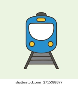 Ícone azul de visão frontal do trem ou metrô na ilustração do vetor plano das trilhas ferroviárias.