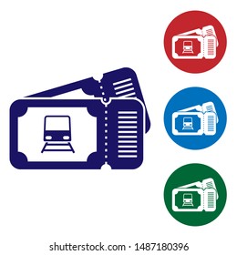 Blue Train ticket icon isolated on white background. Travel by railway. Set color icons in circle buttons. Vector Illustration