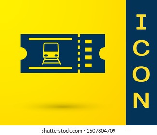 Blue Train ticket icon isolated on yellow background. Travel by railway.  Vector Illustration