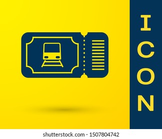 Blue Train ticket icon isolated on yellow background. Travel by railway.  Vector Illustration