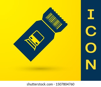 Blue Train ticket icon isolated on yellow background. Travel by railway.  Vector Illustration