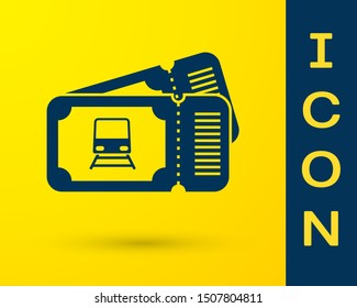 Blue Train ticket icon isolated on yellow background. Travel by railway.  Vector Illustration