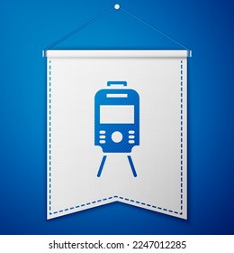 Blue Tram and railway icon isolated on blue background. Public transportation symbol. White pennant template. Vector