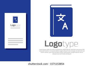 Blue Translator book icon isolated on white background. Foreign language conversation icons in chat speech bubble. Translating concept. Logo design template element. Vector Illustration