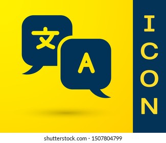 Blue Translator icon isolated on yellow background. Foreign language conversation icons in chat speech bubble. Translating concept.  Vector Illustration