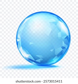 A blue translucent crystal sphere with faceted surface, with glares and soft shadow, on transparent background. Vector illustration for design projects and creative works.