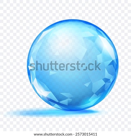 A blue translucent crystal sphere with faceted surface, with glares and soft shadow, on transparent background. Vector illustration for design projects and creative works.
