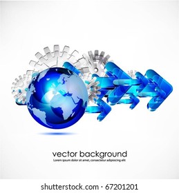 blue translucent globe with gears and arrows vector