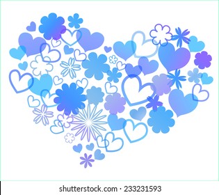 Blue translucent heart, composed of multicolored rainbow flowers for the day of St. Valentine