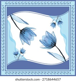 Fundo azul translúcido do cachecol quadrado da aquarela da tulipa