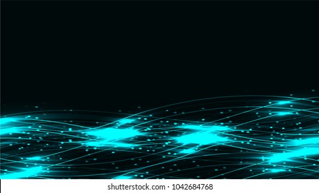 Blue transparent abstract shining magical cosmic magical energy lines, rays with glare and dots and light shines on a dark background from below. Vector illustration.