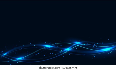 Blue transparent abstract shining magical cosmic magical energy lines, rays with highlights and dots and light shines on waves on a blue background from below. Vector illustration.