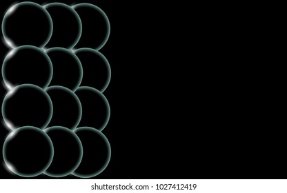 Blue transparent abstract shiny beautiful and convex volumetric simple balls, bubbles, egg circles located on the side on a black background and place for a simple text. Vector illustration