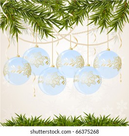 blue transparent Christmas ball on christmas background, vector illustration