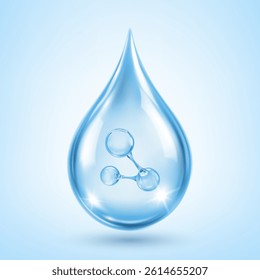 Blue transparent cosmetic serum drop with molecule inside. Hyaluronic acid skincare concept
