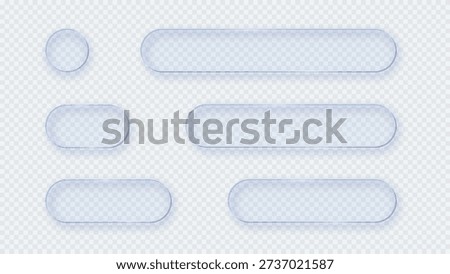 Blue transparent glass buttons. Liquid glass design elements with morphism effect. Modern digital interface icons for web and app design with rounded frame and subtle shadow. Vector illustration.