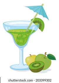 Blue Transparent Glass With Green Drink, Ice, Fruits Kiwifruit And Apple And Straw With Umbrella. Eps10, Contains Transparencies. Vector