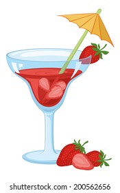 Blue transparent glass with a red drink, strawberries berries and straw with umbrella. Vector