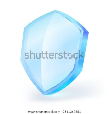 Blue transparent glass shield icon. Concept of safety and security. Blank blue glass panel of acrylic with reflection isolated on white background. 3D vector illustration.
