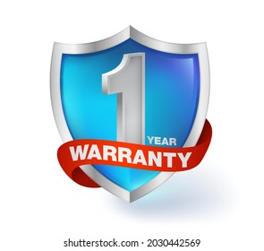 Blue transparent glass shield with text icon one year warranty. Lifelike Warranty Ribbon Used to guarantee quality products.