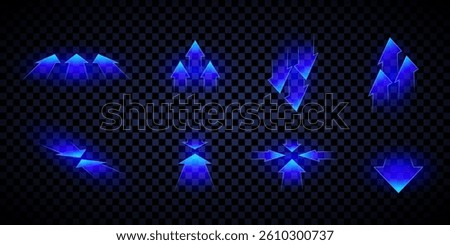 Blue transparent glowing arrows pack. 3D neon arrow pointers. Gaming and infographic design element. 