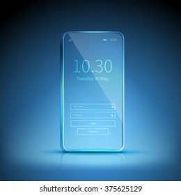 Blue transparent smartphone image swiched on and waiting for registration on blue background vector illustration